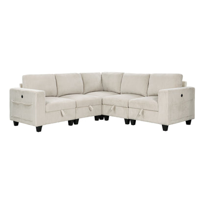 Walterboro Beige Corduroy 5-Piece Sectional with Storage, Storage Pouches and Charging Ports from Homelegance - Luna Furniture