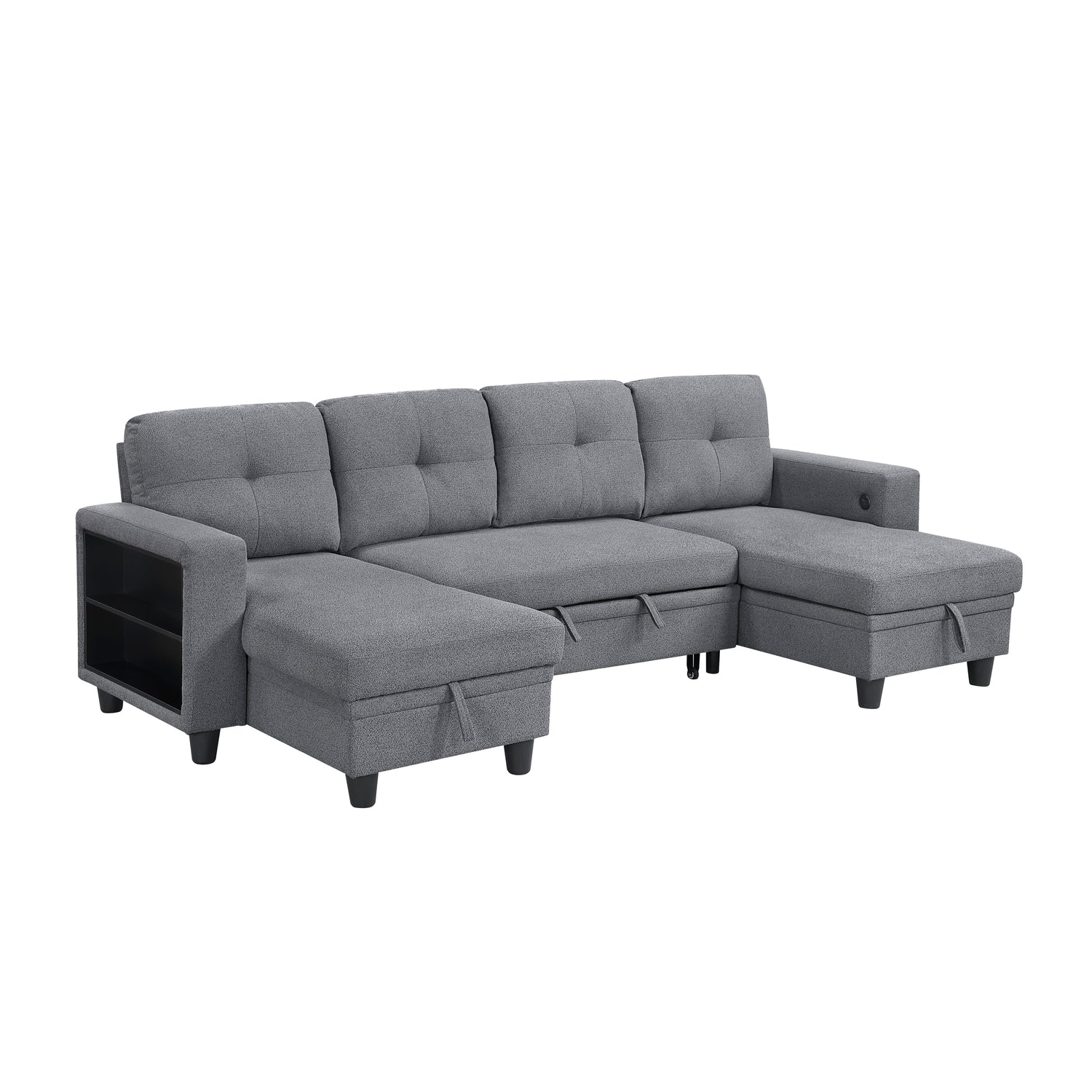 9705GY*42AVC (4)Sectional with Two Chaises, Pull-out Bed, Shelves and Charging Ports - 9705GY*42AVC