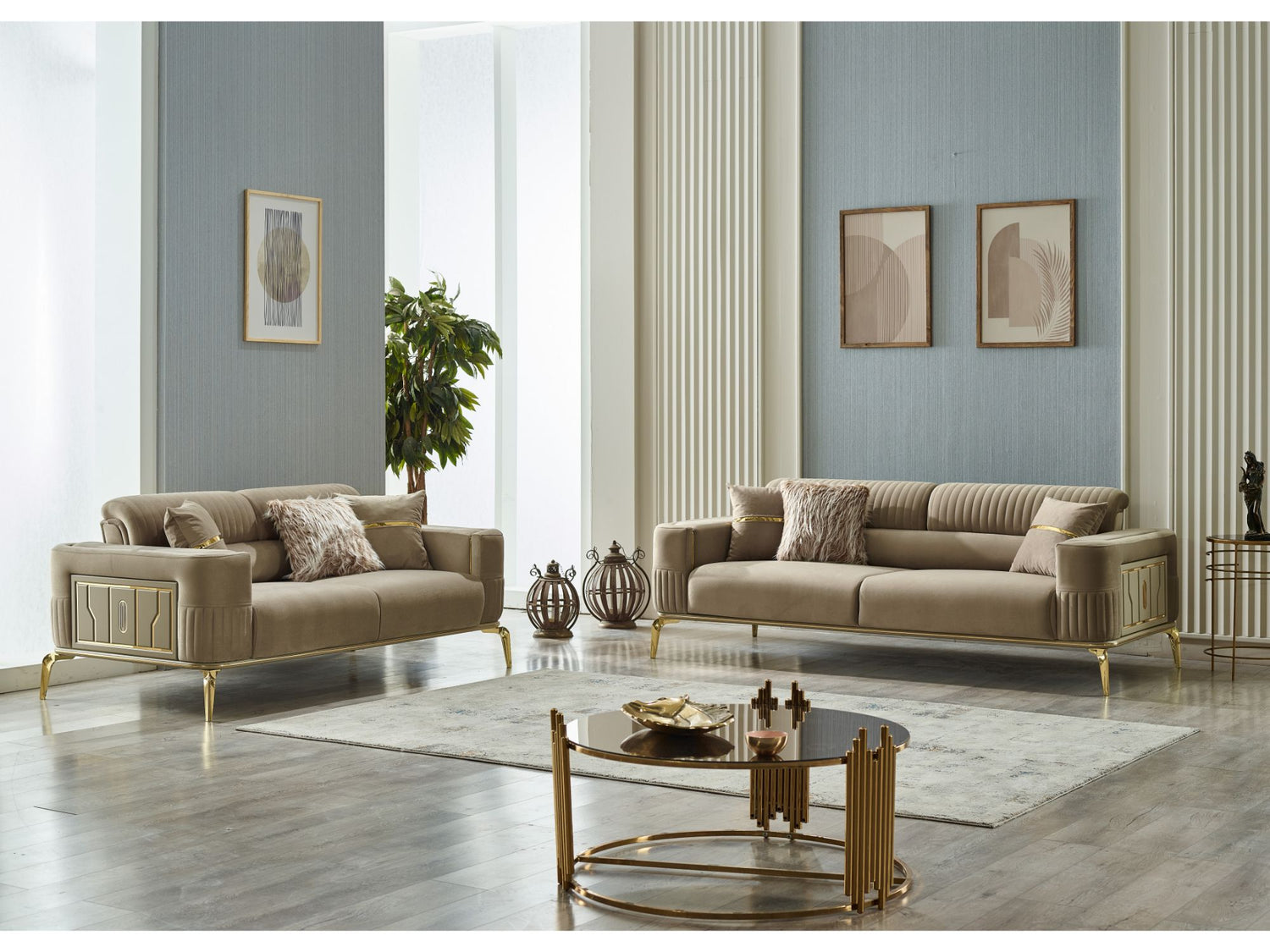Armoni Convertible Loveseat With Gold Legs in Beige