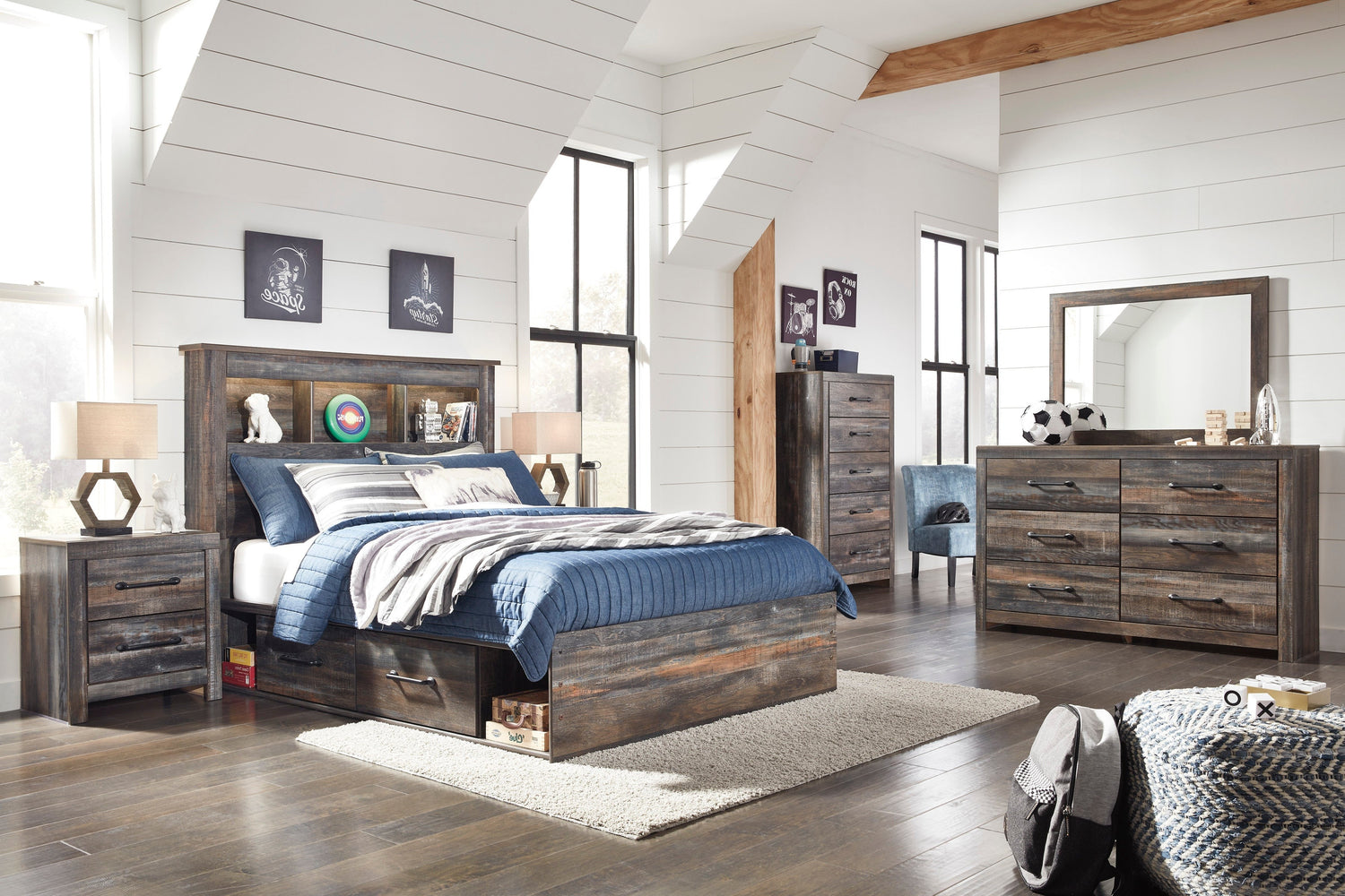 Drystan Multi LED Bookcase Storage Youth Platform Bedroom Set with 4 Drawers from Ashley - Luna Furniture