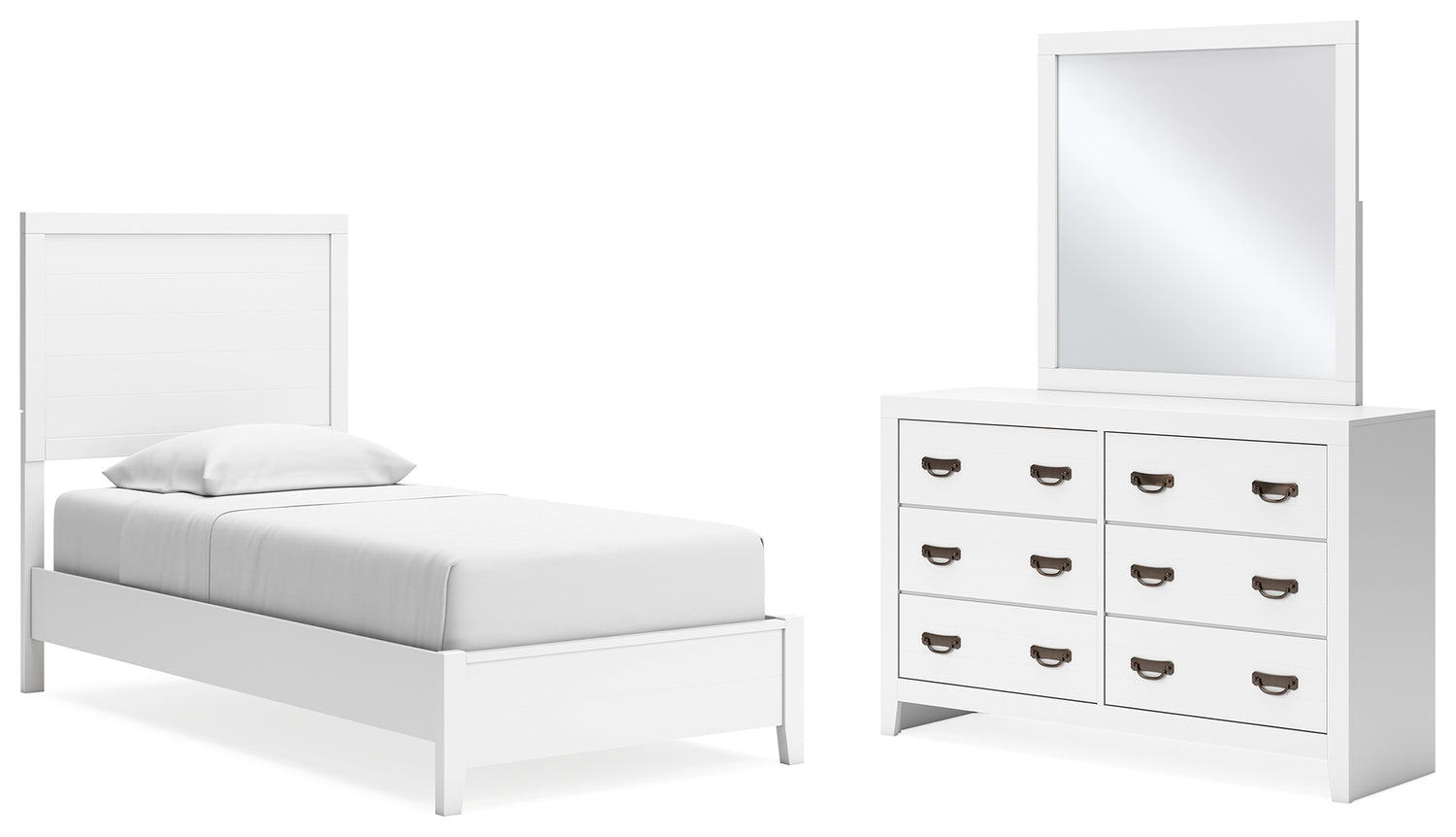 Binterglen Twin Panel Bed with Mirrored Dresser in White
