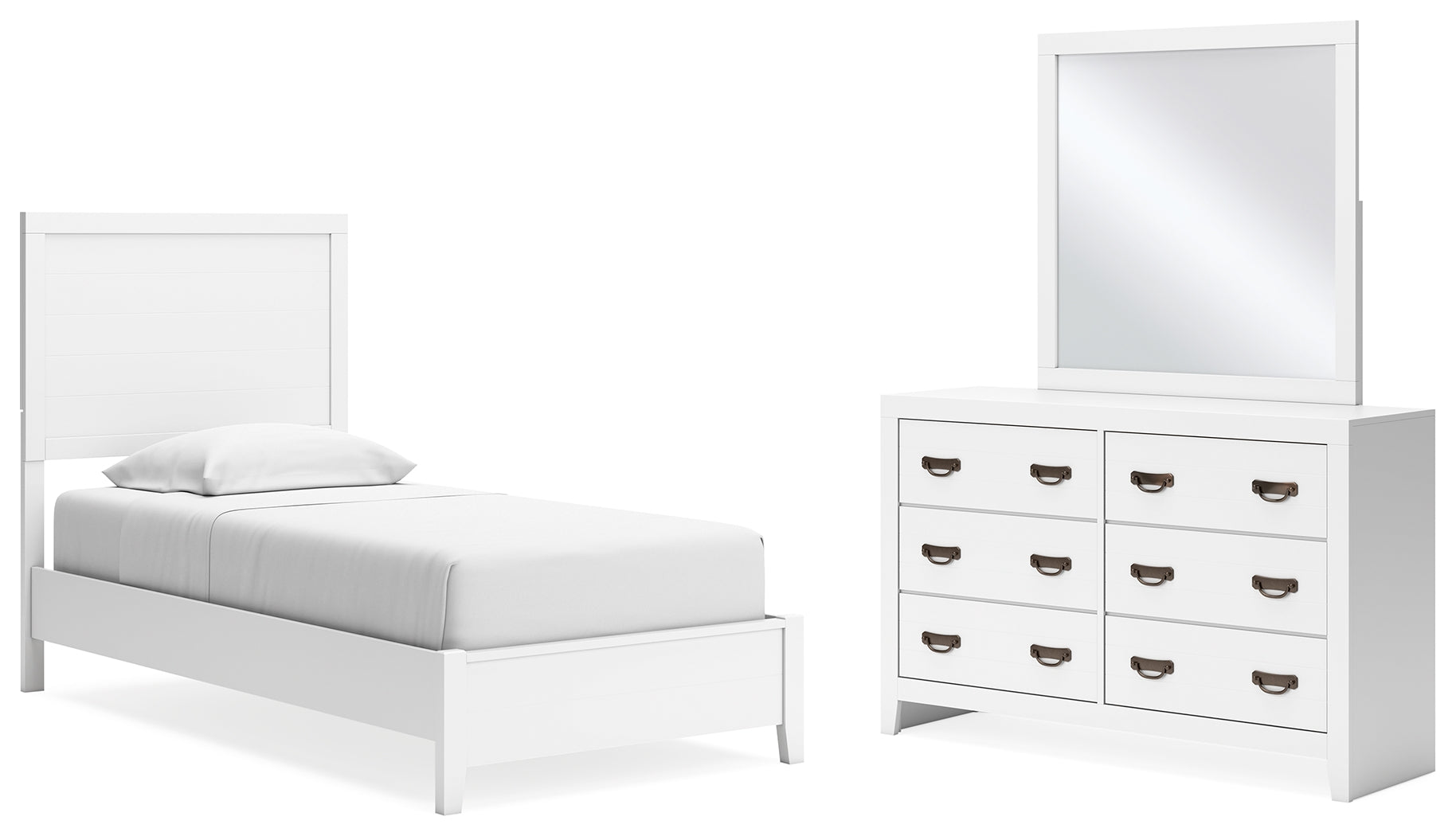 Binterglen Twin Panel Bed with Mirrored Dresser in White