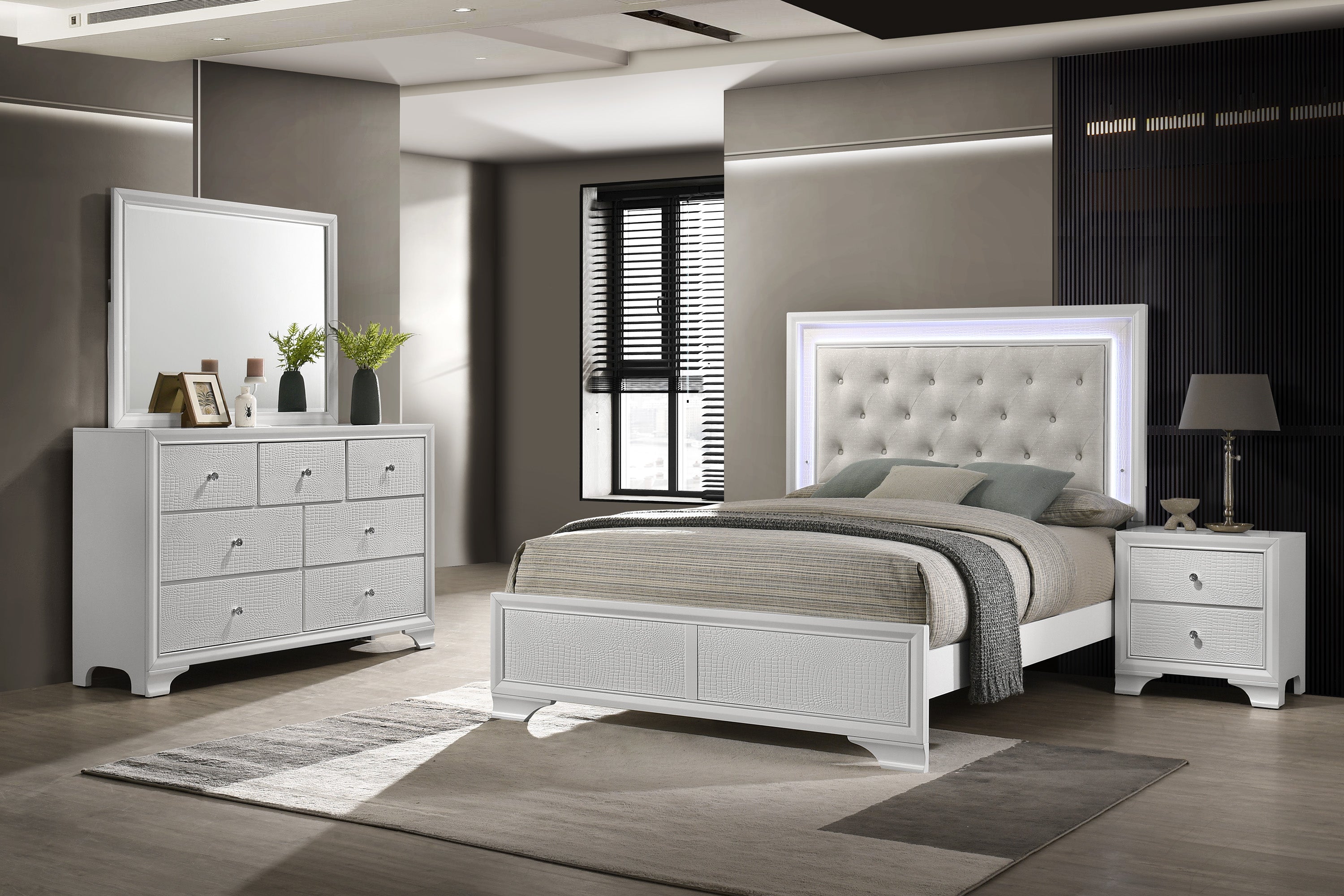 Lyssa Oat and Frost Queen LED Upholstered Panel Bed from Crown Mark - Luna Furniture