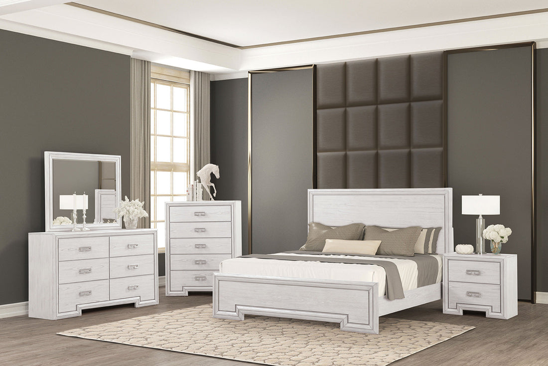 Basilone Rustic White Transitional Bedroom Set