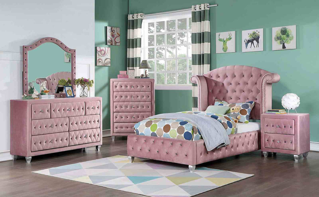 Zohar Pink Upholstered Glam Youth Bedroom Set