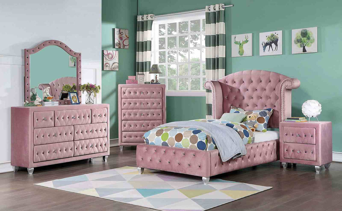 Zohar Pink Upholstered Glam Youth Bedroom Set
