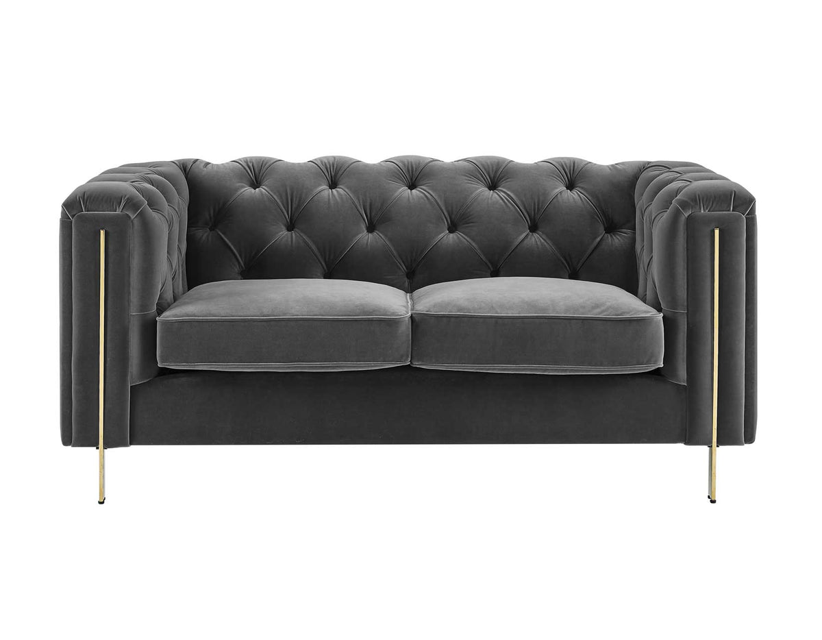 Charlene Gray Velvet Button Tufted Rolled Arm Chesterfield Loveseat
