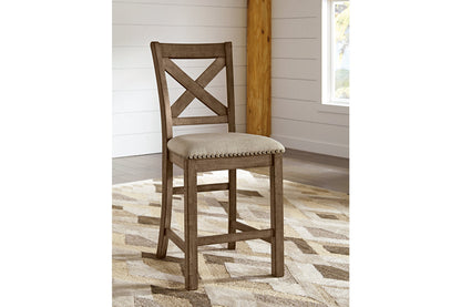 Moriville Grayish Brown Counter Height Dining Table with 4 Barstools, Bench, and Server from Ashley - Luna Furniture