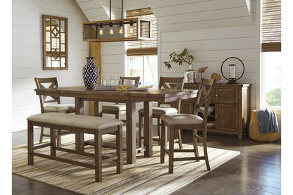 Moriville Grayish Brown Counter Height Dining Table with 4 Barstools, Bench, and Server from Ashley - Luna Furniture