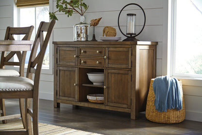 Moriville Grayish Brown Counter Height Dining Table with 4 Barstools, Bench, and Server from Ashley - Luna Furniture