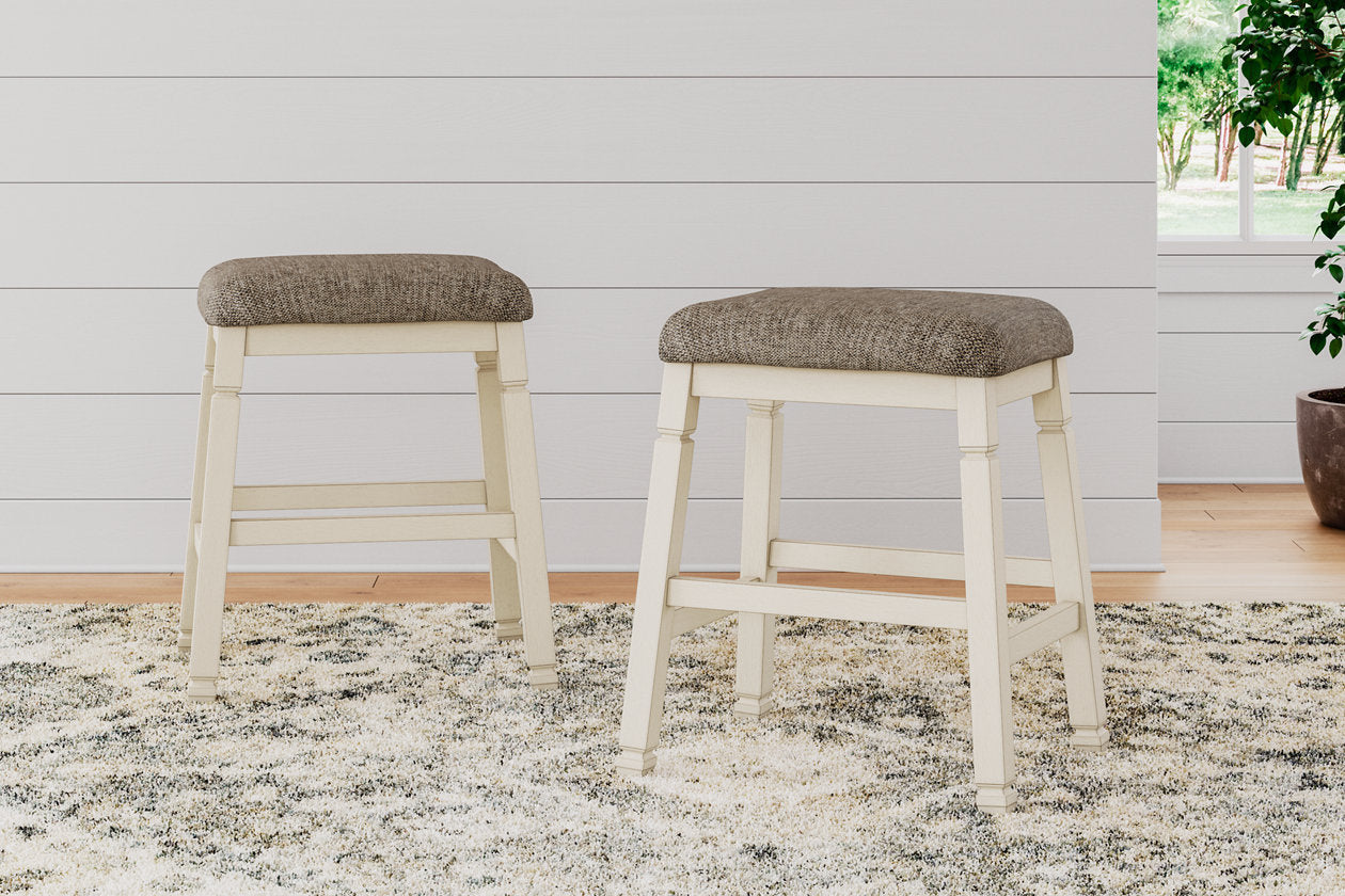 Bolanburg Antique White Counter Height Dining Table, 4 Stools, Bench and 2 Display Cabinets from Ashley - Luna Furniture