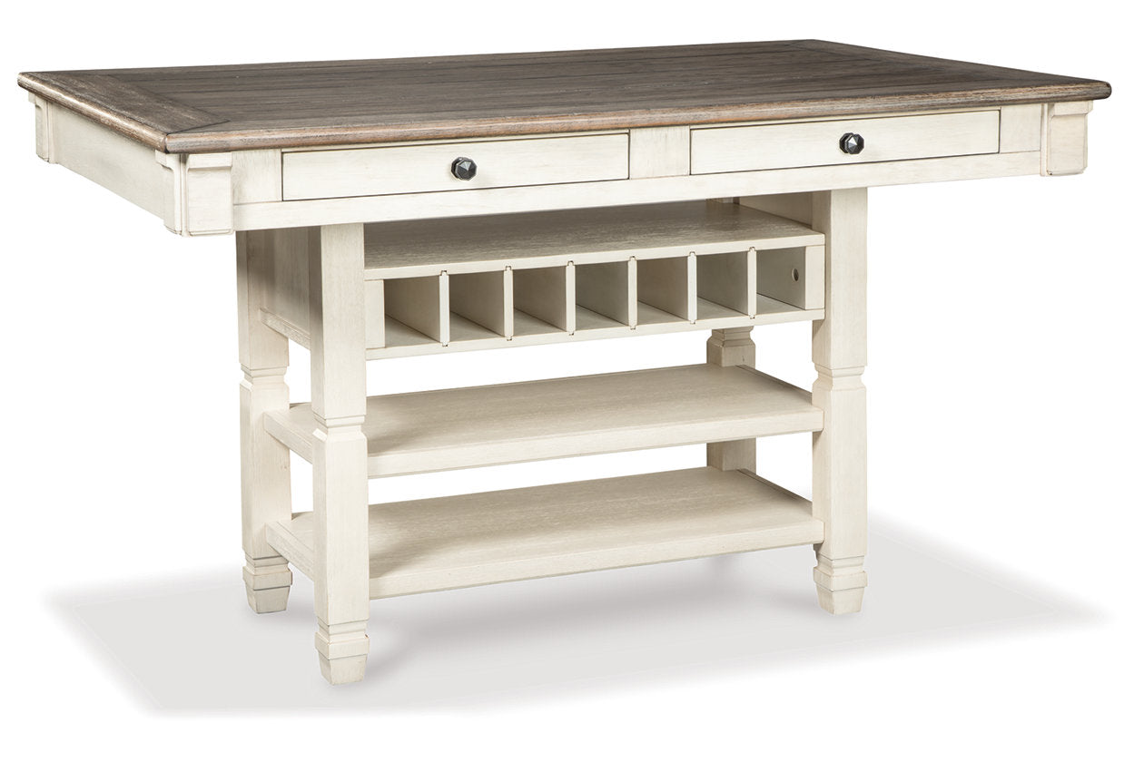 Bolanburg Antique White Counter Height Dining Table, 4 Stools, Bench and 2 Display Cabinets from Ashley - Luna Furniture