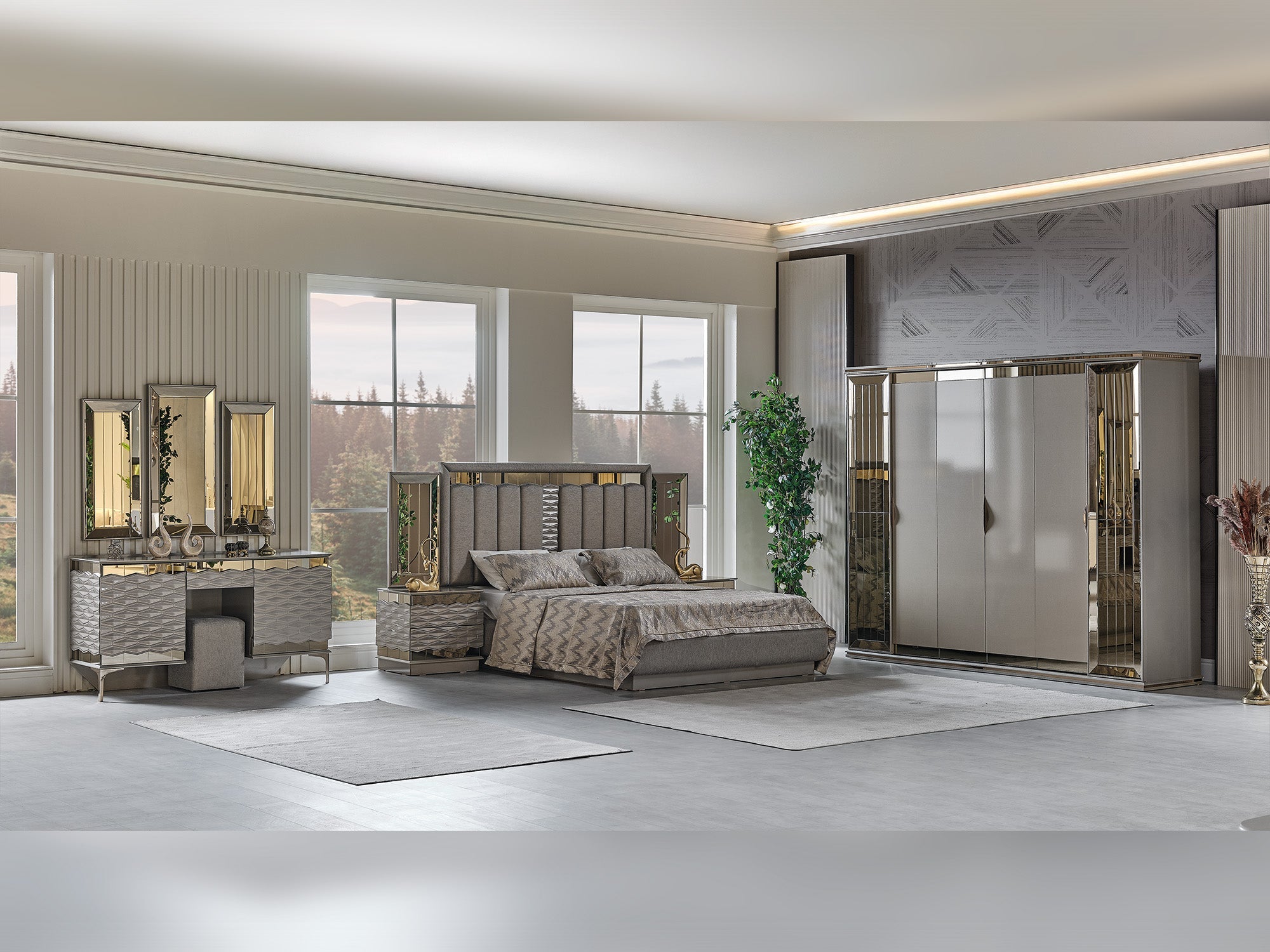 Gokce Bedroom (Queen Frame With Headboard &amp; Dresser With Mirror &amp; Ottoman &amp; 2 Nightstand)
