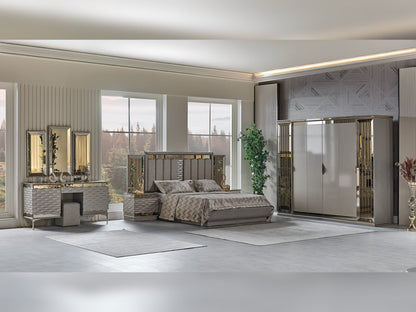 Gokce Bedroom (Queen Frame With Headboard &amp; Dresser With Mirror &amp; Ottoman &amp; 2 Nightstand)