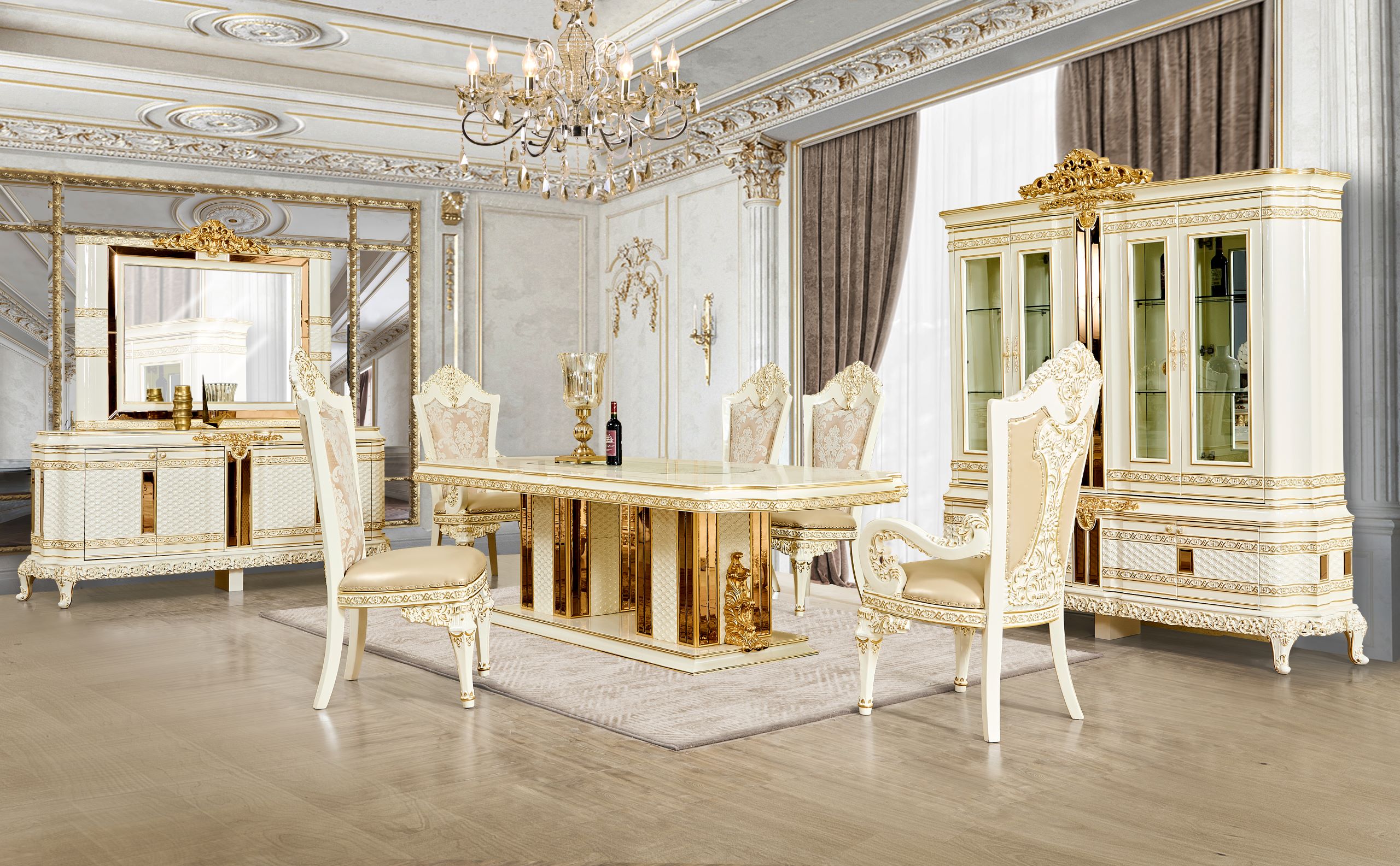HD-1882 Ivory/Gold 7-Piece Dining Set