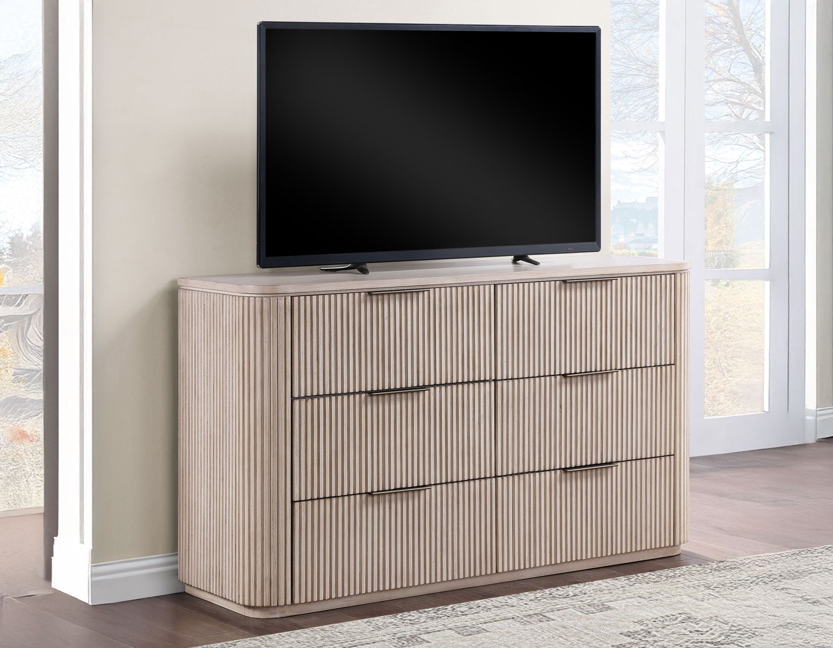 Henry 65″ 6-Drawer Reeded Dresser, Tan Finish