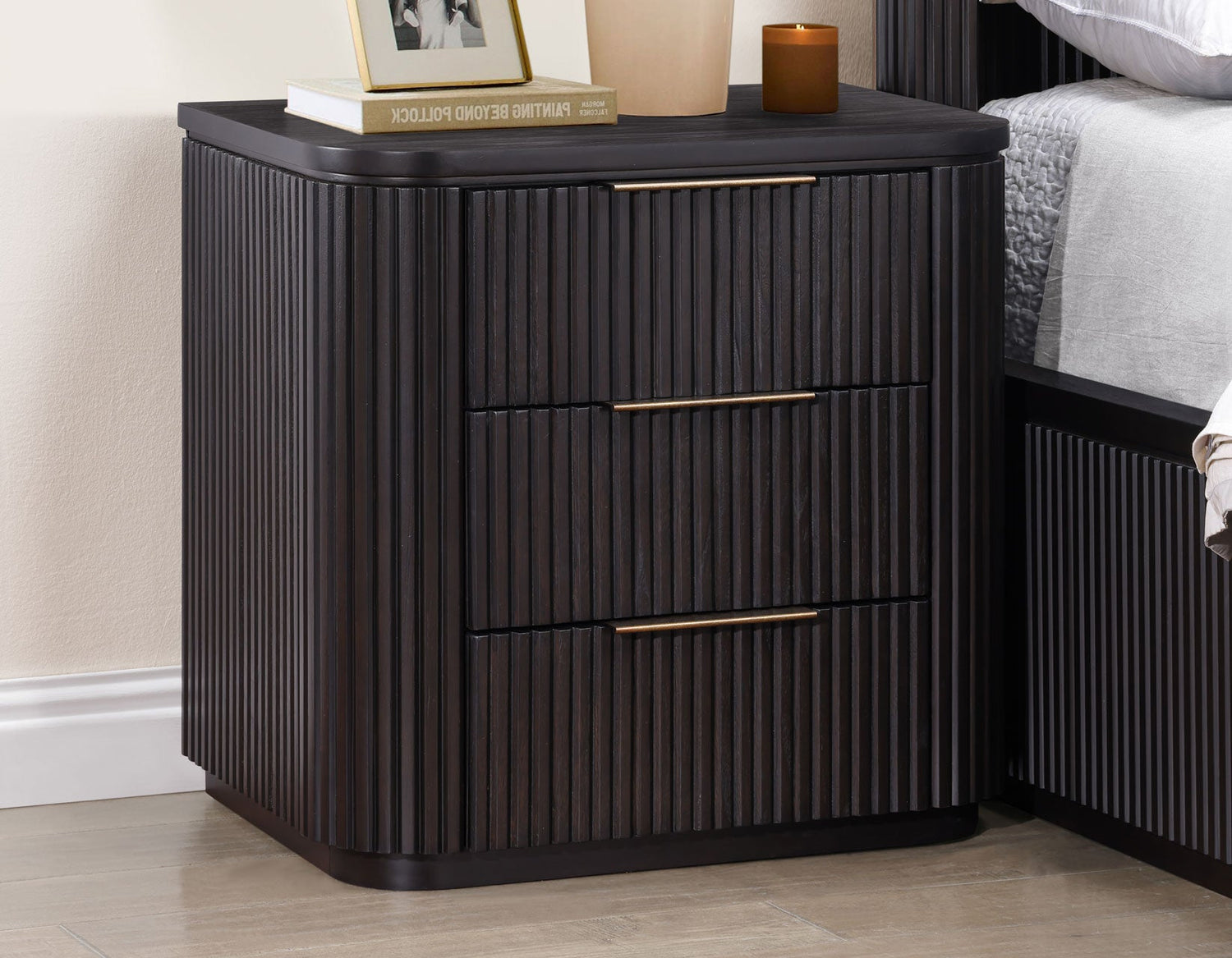 Henry Reeded 3-Drawer Nightstand with USB &amp; Electric Outlets, Espresso Finish