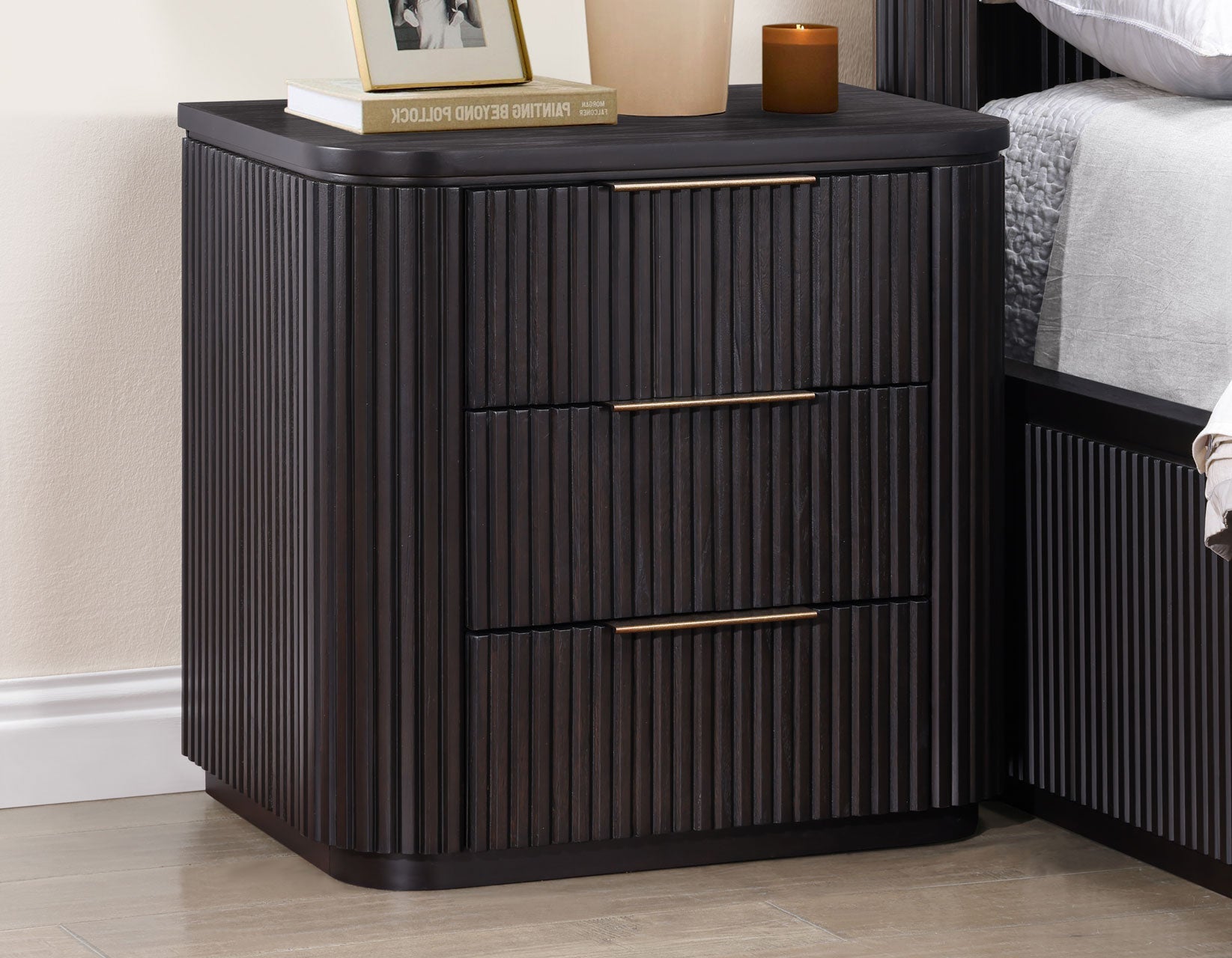 Henry Reeded 3-Drawer Nightstand with USB &amp; Electric Outlets, Espresso Finish