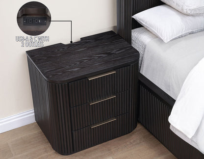 Henry Reeded 3-Drawer Nightstand with USB &amp; Electric Outlets, Espresso Finish