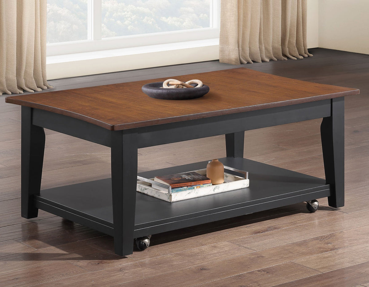 Joplin Walnut/Ebony Lift-Top Cocktail Table with Casters
