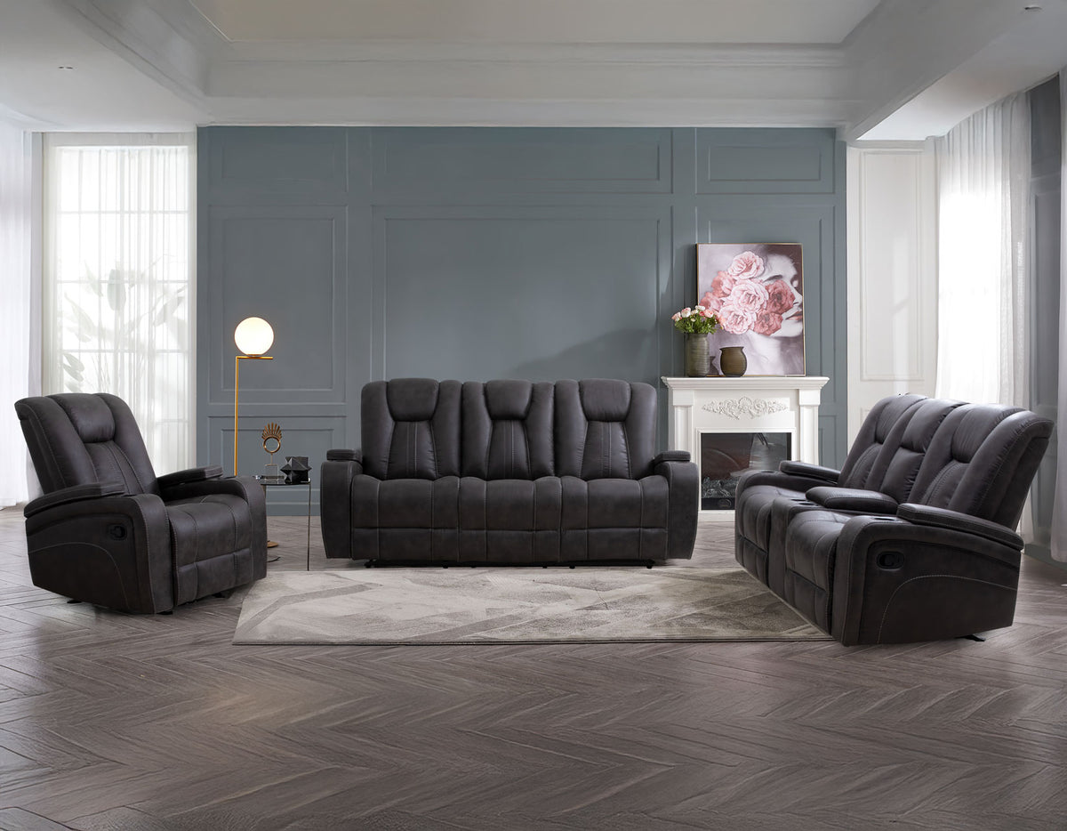 Marlow 3-Piece Charcoal Vegan Leather Manual Reclining Set
