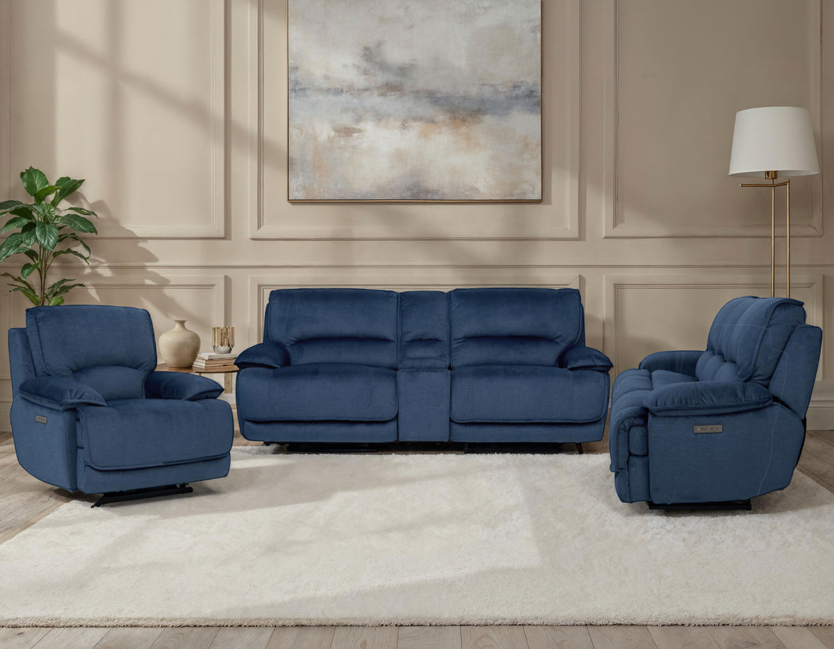 Olsen 3-Piece Dual-Power Reclining Set, Indigo – Sofa, Loveseat, Recliner