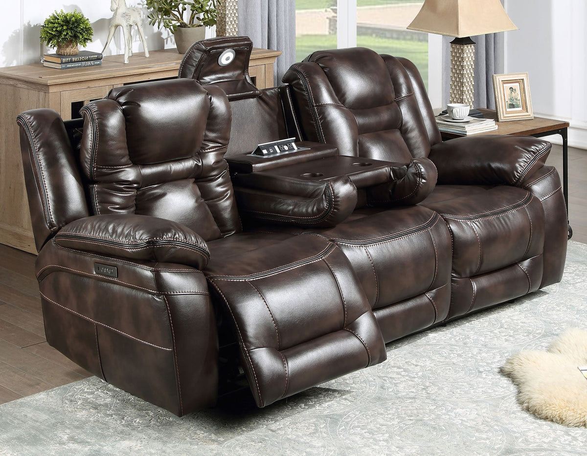 Oportuna Coffee Dual-Power Reclining Sofa w/Drop-Down Table