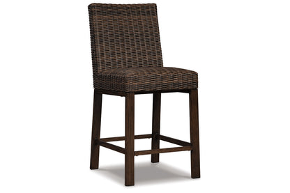 Paradise Trail Medium Brown Outdoor Bar Fire Pit Table with 6 Barstools -  Ashley - Luna Furniture