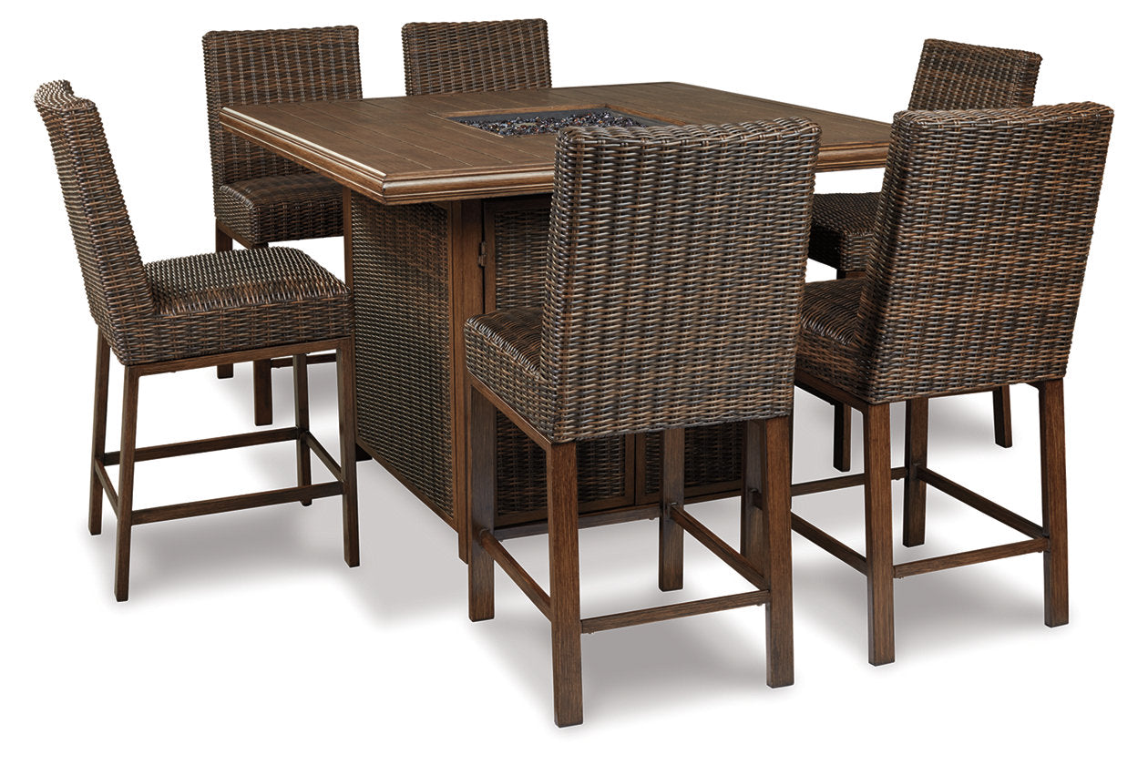 Paradise Trail Medium Brown Outdoor Bar Fire Pit Table with 6 Barstools -  Ashley - Luna Furniture