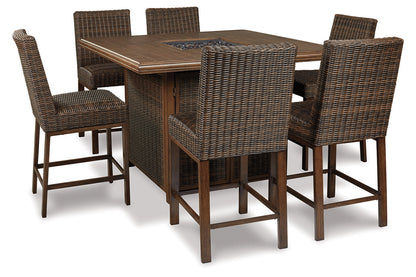 Paradise Trail Medium Brown Outdoor Bar Fire Pit Table with 6 Barstools -  Ashley - Luna Furniture