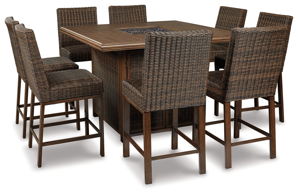 Paradise Trail Medium Brown Outdoor Counter Height Dining Table with 6 Barstools