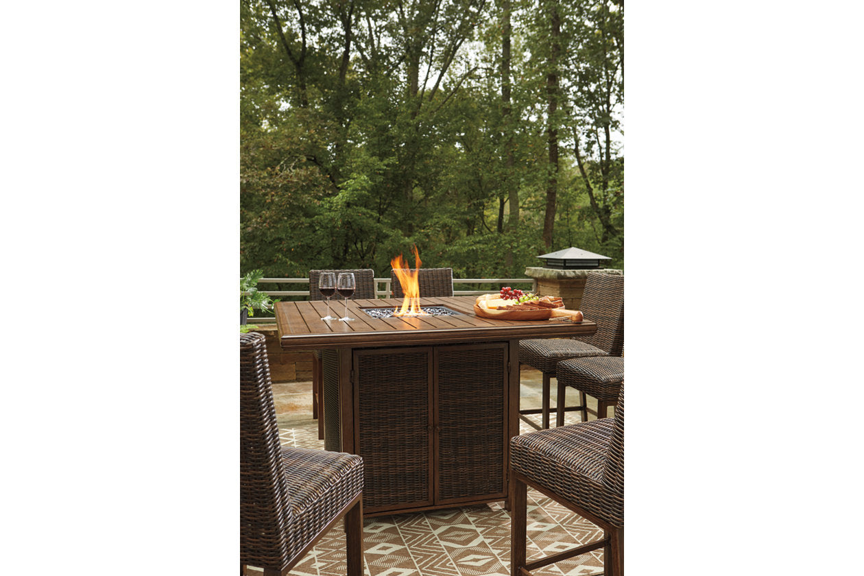 Paradise Trail Medium Brown Outdoor Bar Fire Pit Table with 6 Barstools -  Ashley - Luna Furniture