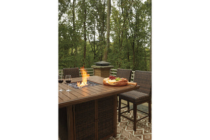 Paradise Trail Medium Brown Outdoor Bar Fire Pit Table with 6 Barstools -  Ashley - Luna Furniture