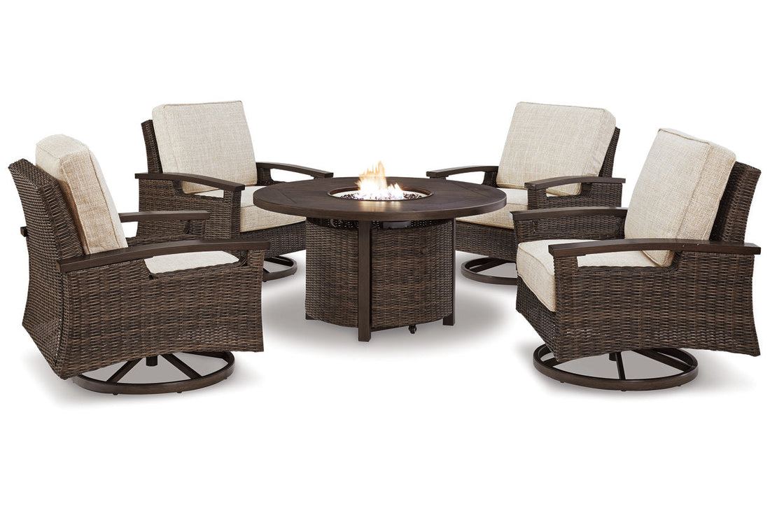 Paradise Trail Medium Brown Outdoor Fire Pit Table with 4 Lounge Chairs -  Ashley - Luna Furniture