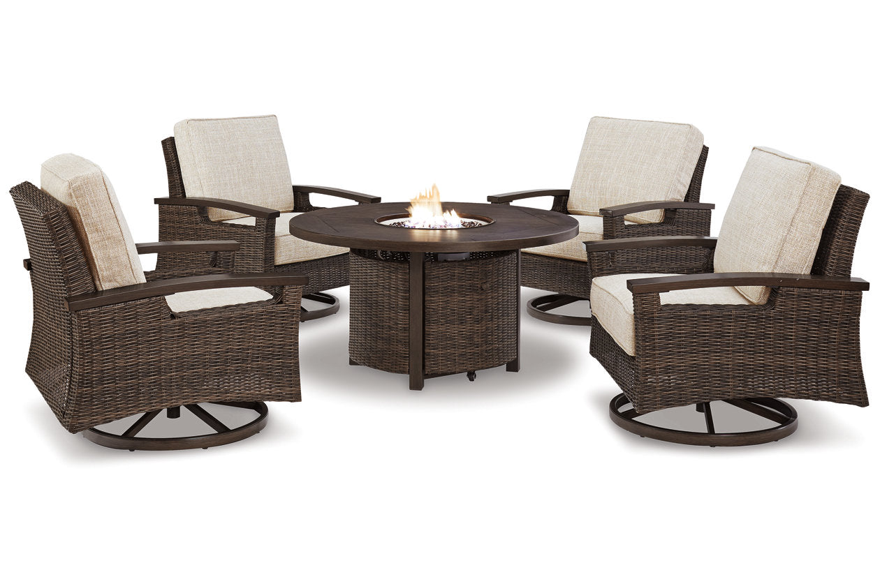 Paradise Trail Medium Brown Outdoor Fire Pit Table with 4 Lounge Chairs -  Ashley - Luna Furniture