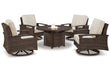 Paradise Trail Medium Brown Outdoor Fire Pit Table with 4 Lounge Chairs -  Ashley - Luna Furniture