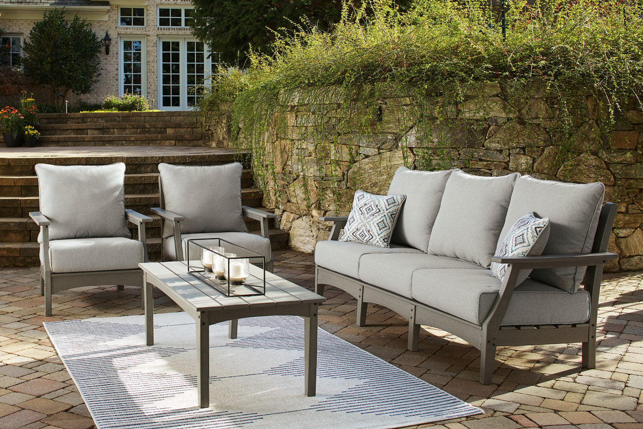 Visola Gray Outdoor Sofa, 2 Lounge Chairs and Coffee Table -  Ashley - Luna Furniture