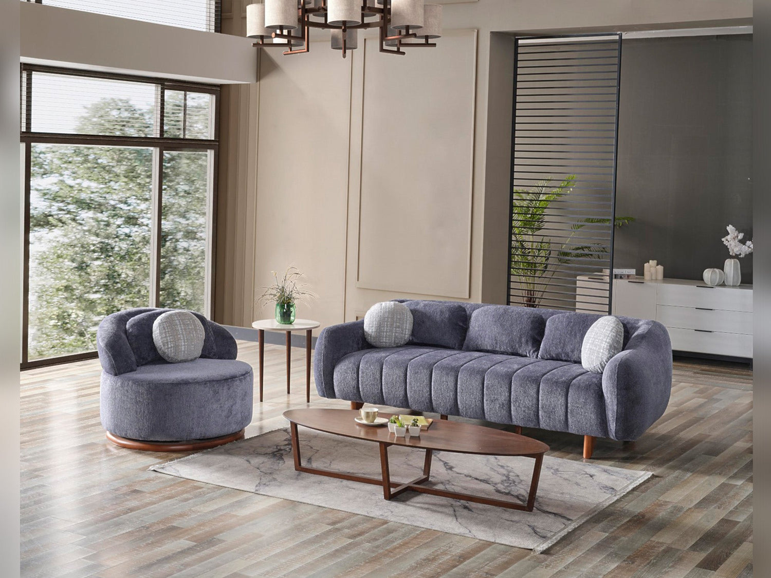 Snowy 3-pieces (Sofa &amp; Loveseat &amp; Swivel Chair) Livingroom Set in Anthracite
