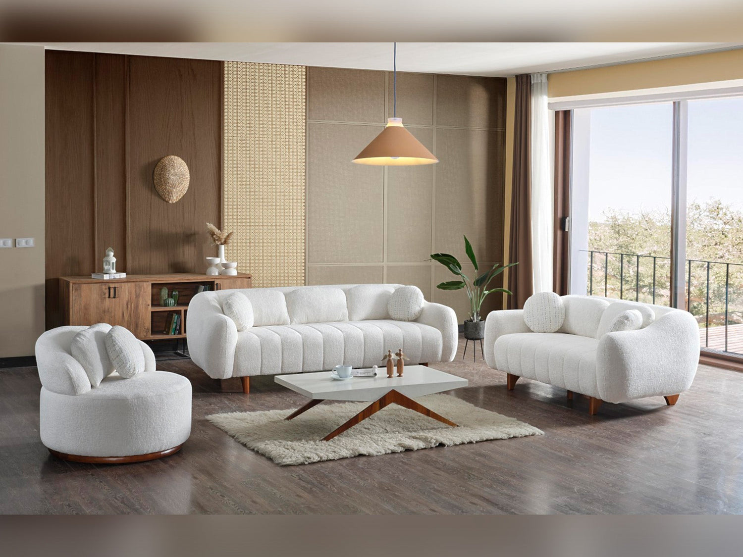 Snowy 3-pieces (Sofa &amp; Loveseat &amp; Swivel Chair) Livingroom Set in Cream