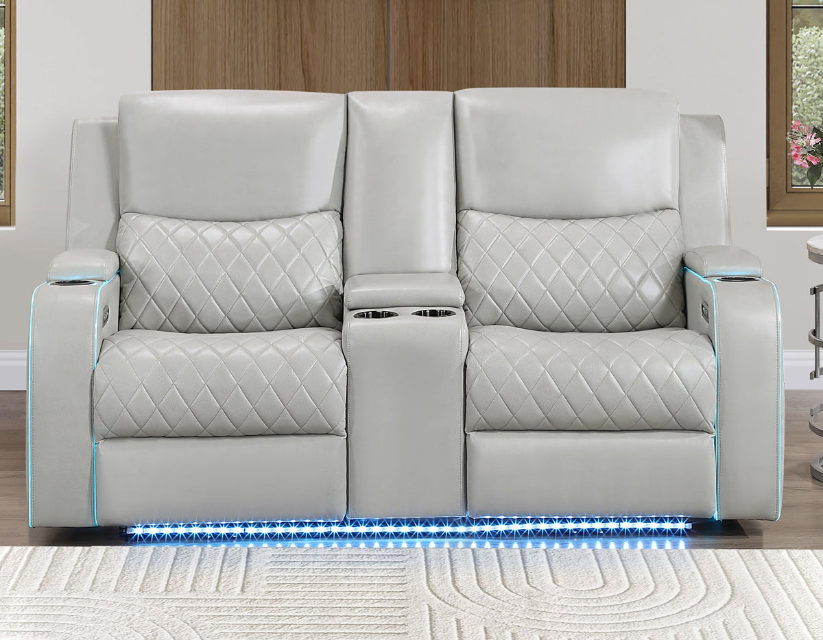 Luna Home Cinema Power Reclining Console Loveseat, Ice Vegan Leather