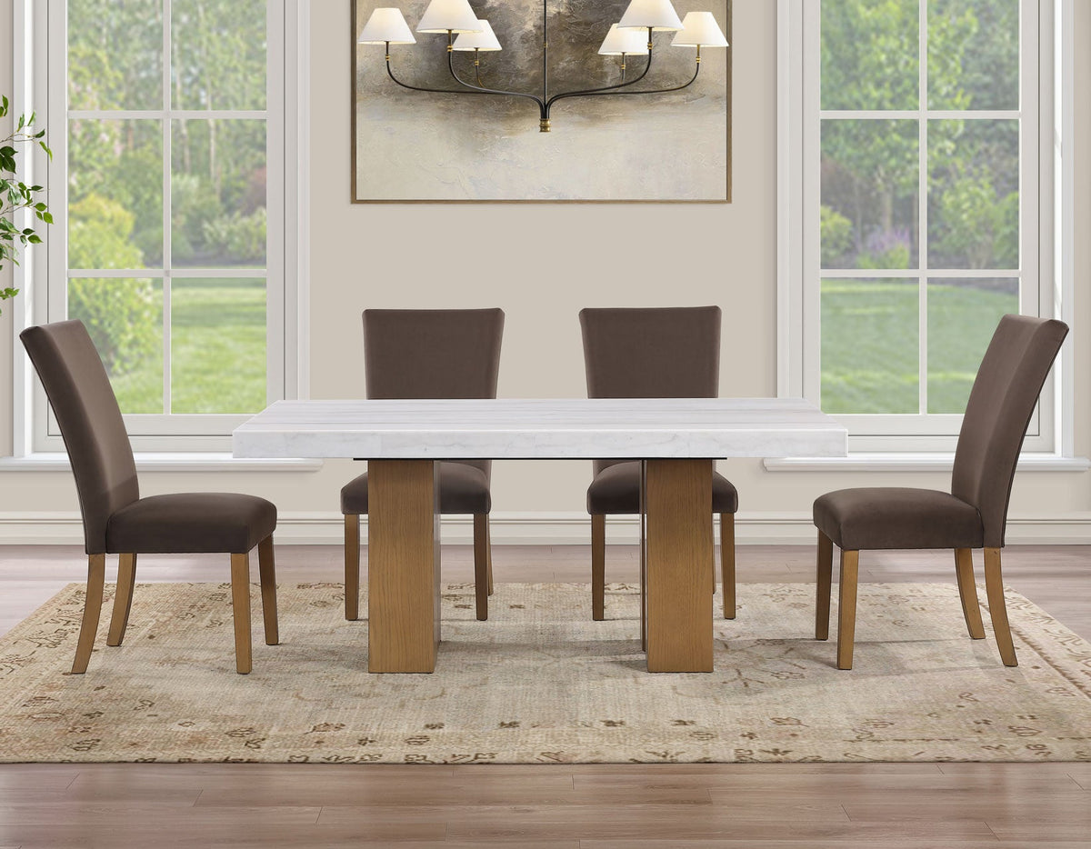 Artemis White/Brown 5-Piece 70" Rectangle Marble Table with 4 Velvet Chairs
