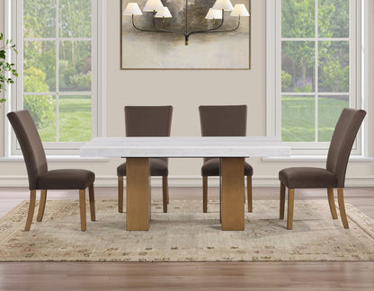 Artemis White/Brown 5-Piece 70" Rectangle Marble Table with 4 Velvet Chairs