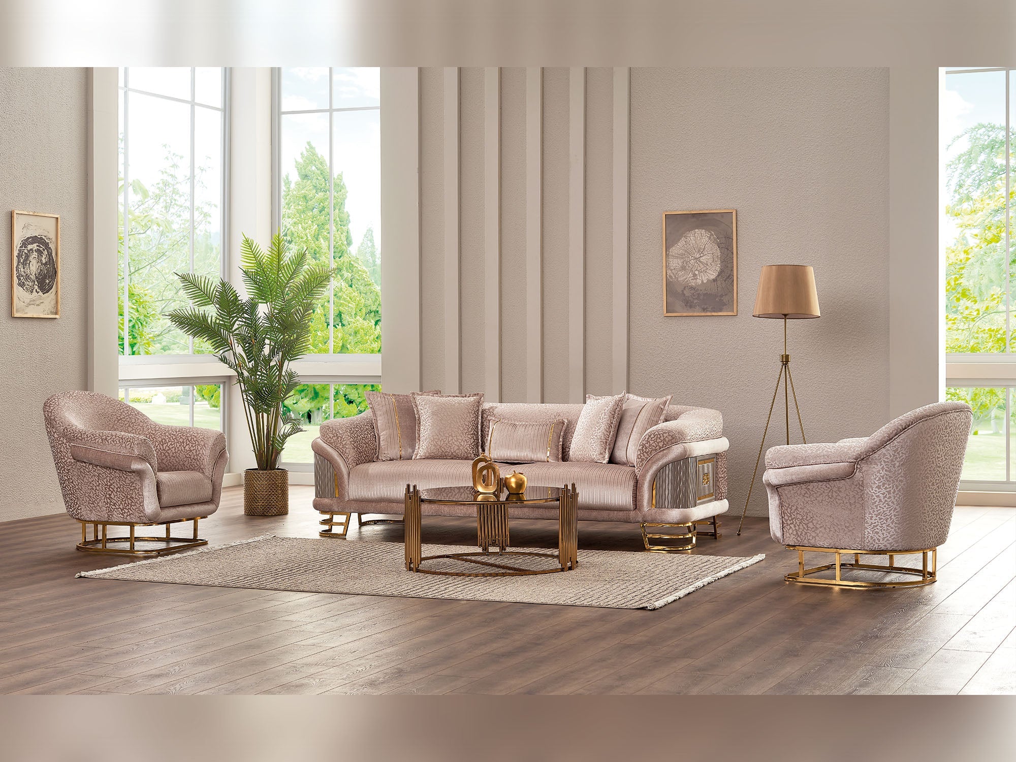 Versace 3-pieces (Sofa &amp; Loveseat &amp; Chair) Livingroom Set in Cream