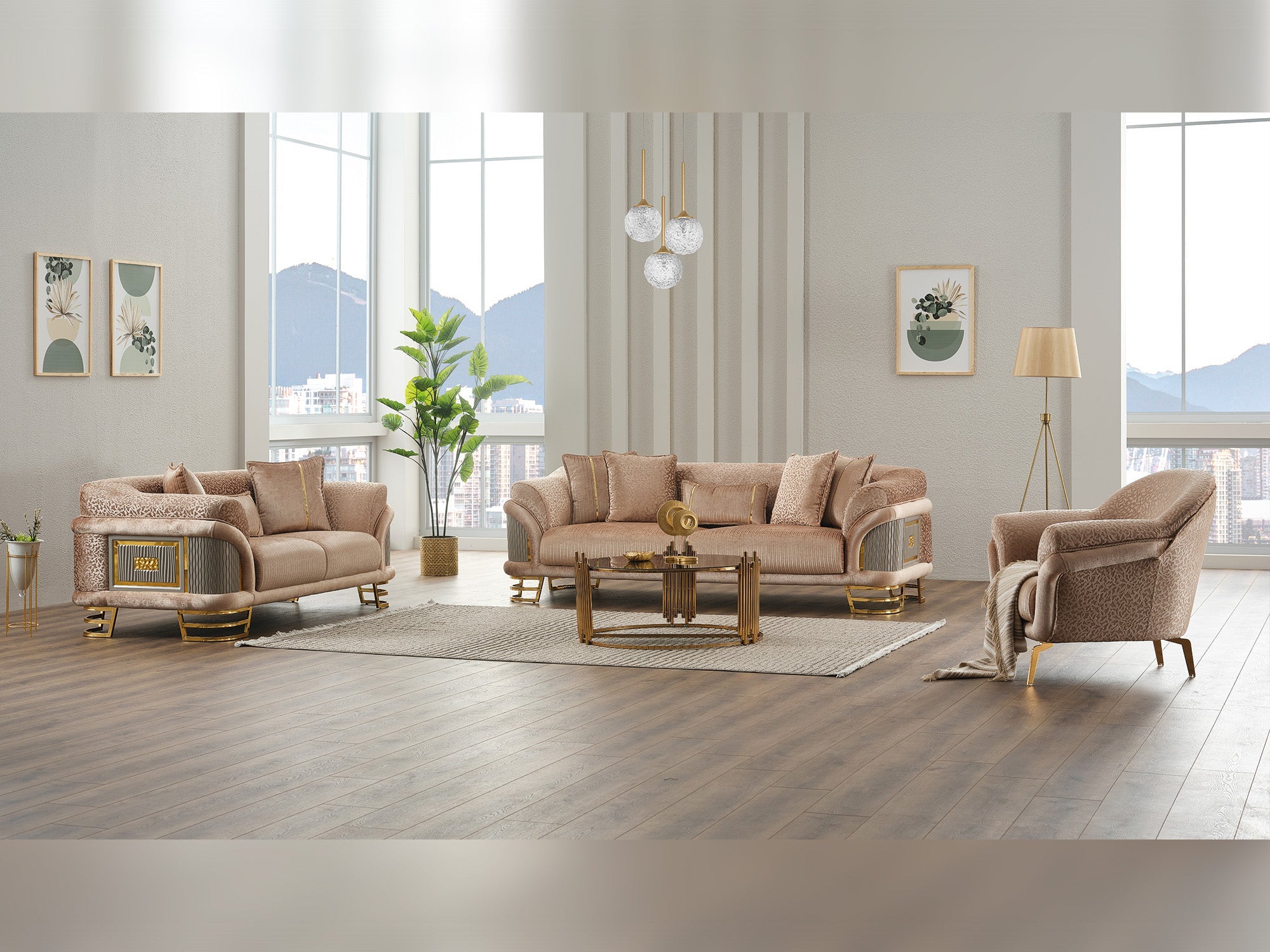 Versace 3-pieces (Sofa &amp; Loveseat &amp; Chair) Livingroom Set in Beige