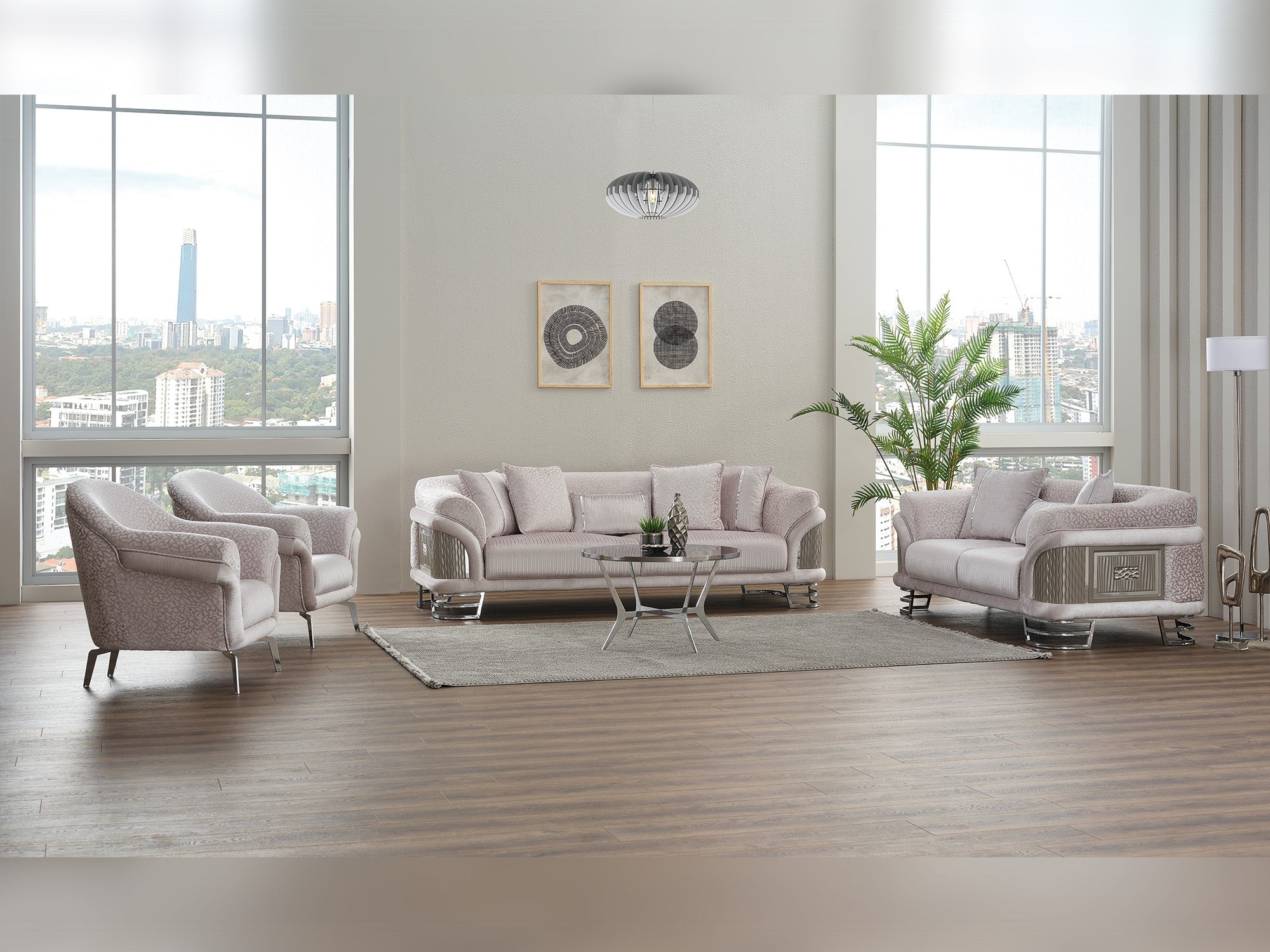 Versace 3-pieces (Sofa &amp; Loveseat &amp; Chair) Livingroom Set in Light Grey