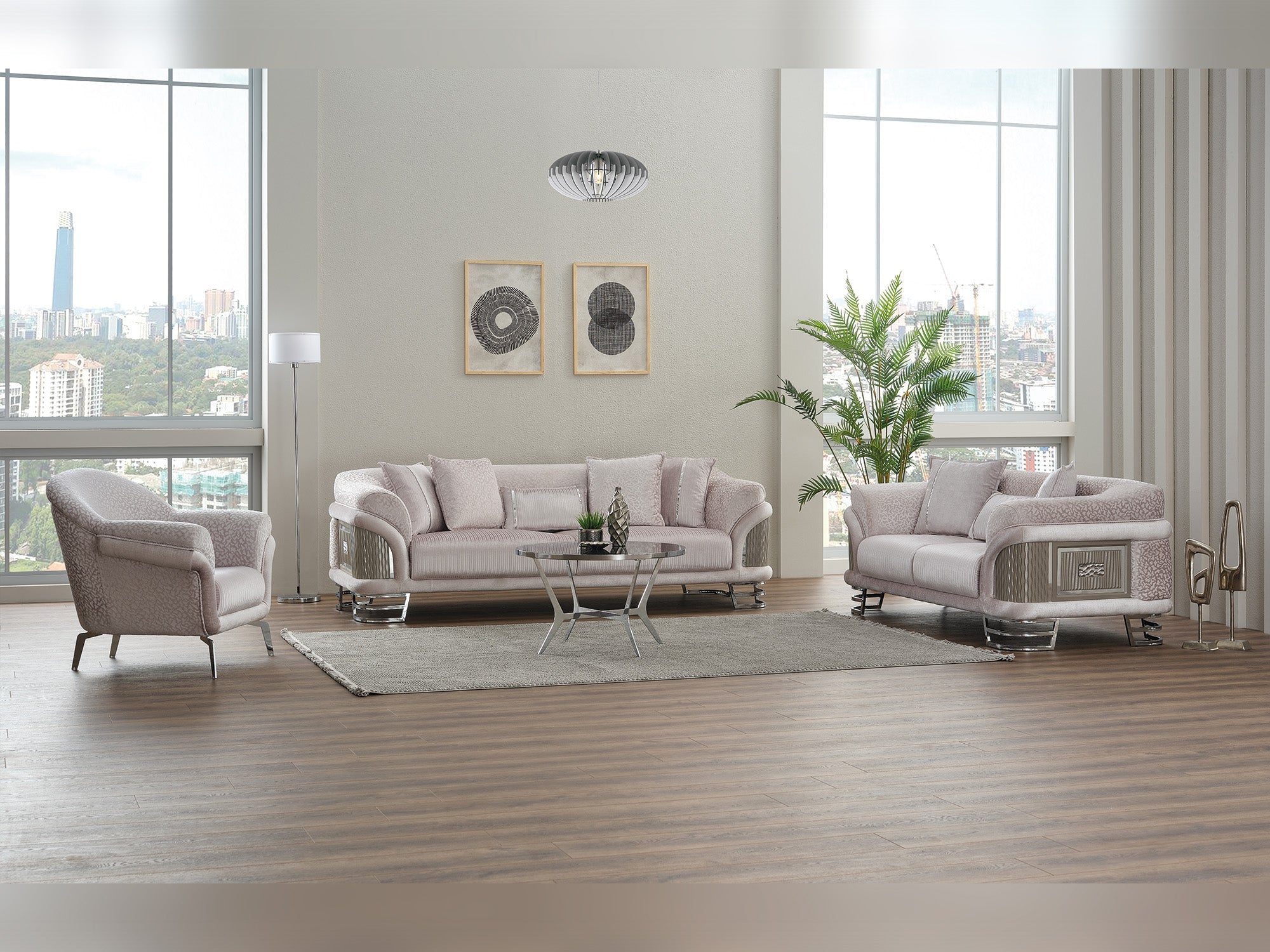 Versace 3-pieces (Sofa &amp; Loveseat &amp; Chair) Livingroom Set in Light Grey
