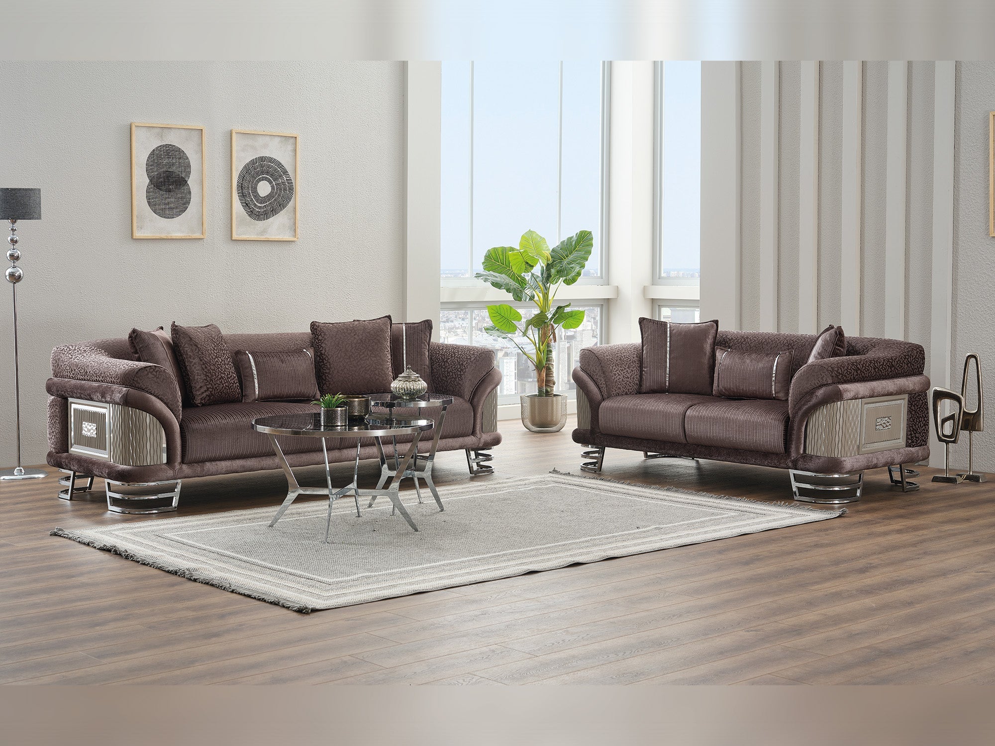 Versace 3-pieces (Sofa &amp; Loveseat &amp; Chair) Livingroom Set in Dark Grey