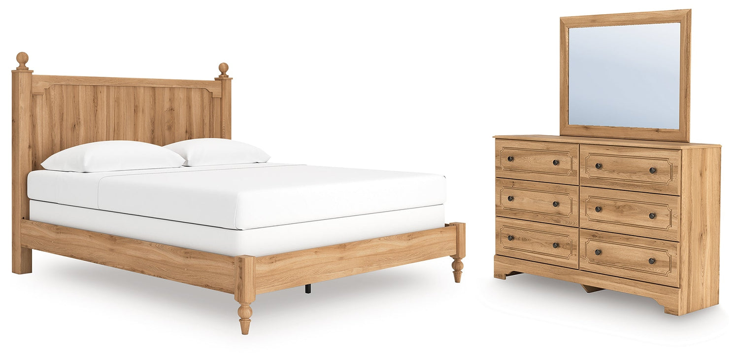 Aleaport King Panel Bed with Mirrored Dresser in Warm Brown from Ashley - Luna Furniture