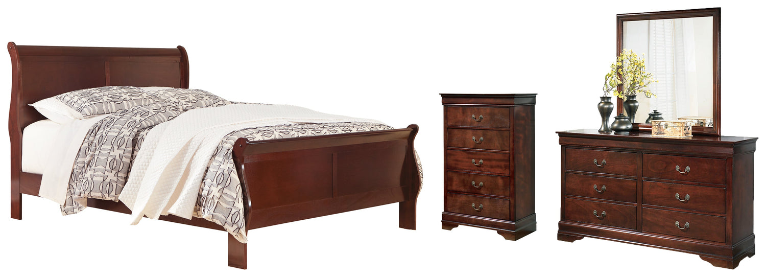 Alisdair California King Sleigh Bed with Mirrored Dresser and Chest in Reddish Brown - PKG004994