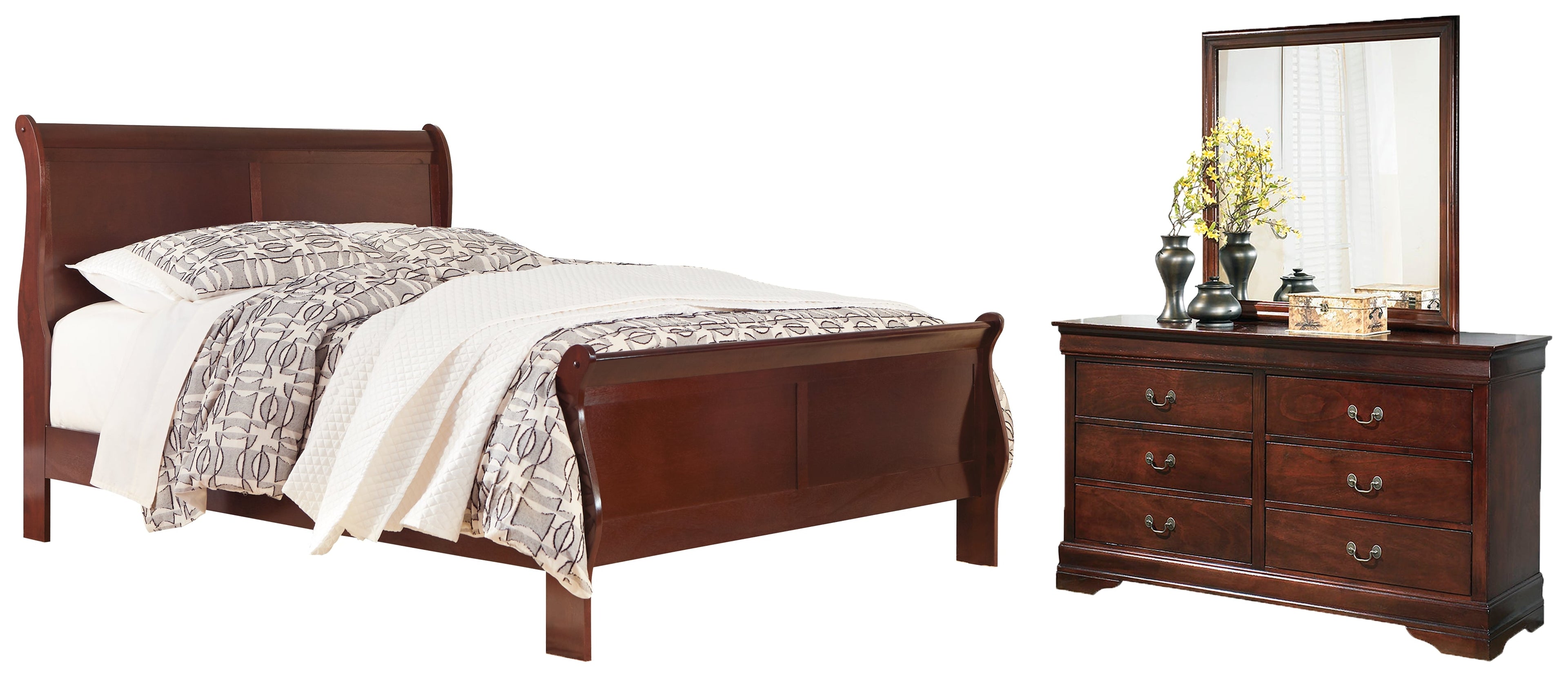 Alisdair California King Sleigh Bed with Mirrored Dresser in Reddish Brown - PKG004991